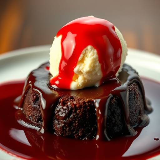 Molten Chocolate Lava Cake with Raspberry Coulis and Vanilla Bean Ice Cream